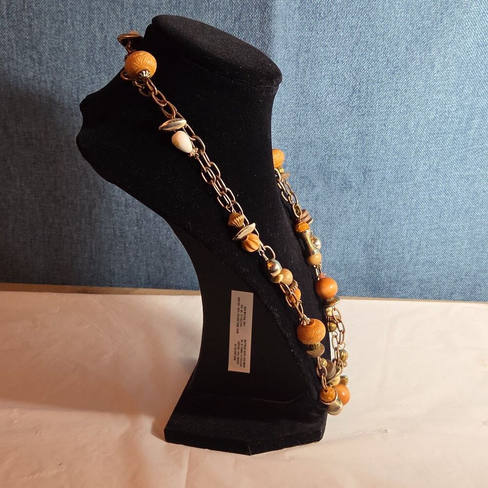 Earth Tone Bead Coppertone Chain Necklace Boho 70s Vibe - Picture 5 of 16